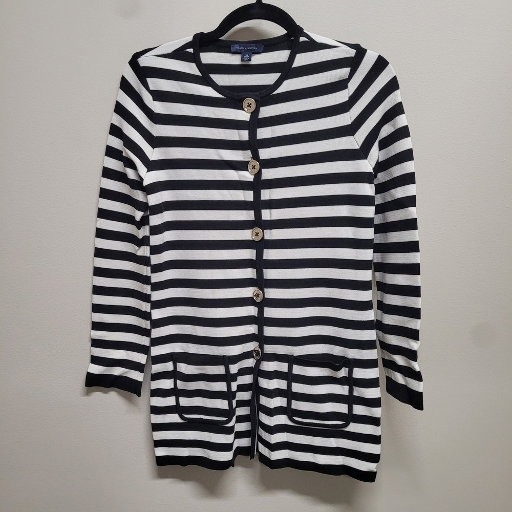 Tommy Hilfiger Womens Black White Striped Button Front Cardigan Sweater XS